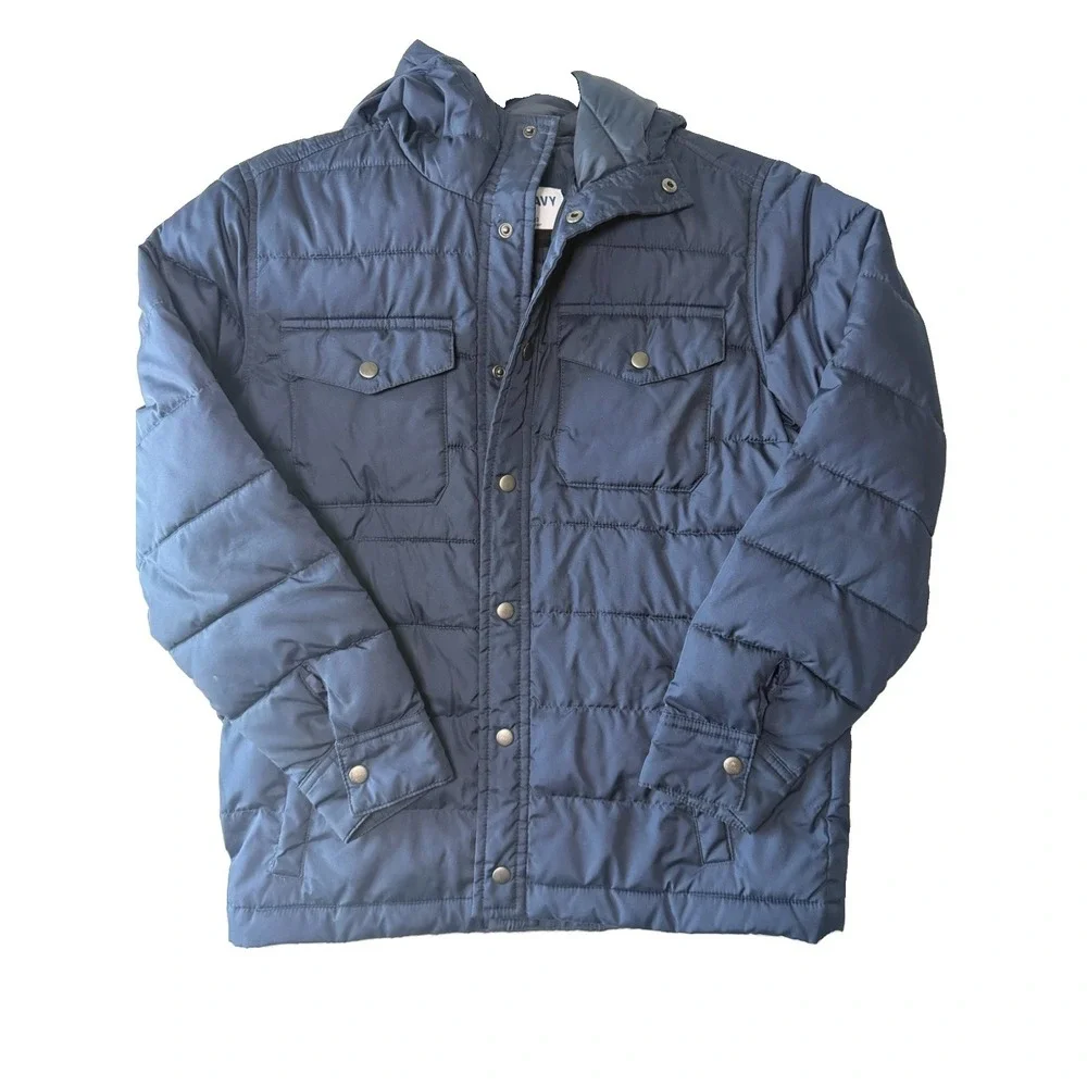 Old Navy Boys Puffer Jacket Size L 10-12 Blue Hooded Water Resistant Winter Coat